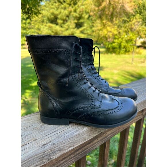 Birkenstock Laramie Black Natural Leather COMBAT Wingtip Boots - Picture 1 of 4